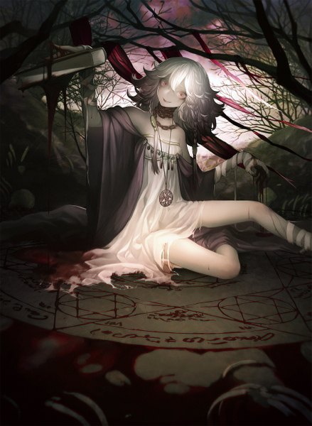 Anime picture 1794x2453 with original cinkai single long hair tall image fringe highres smile red eyes sitting bent knee (knees) white hair torn clothes magic bare tree blood stains girl dress plant (plants) tree (trees)
