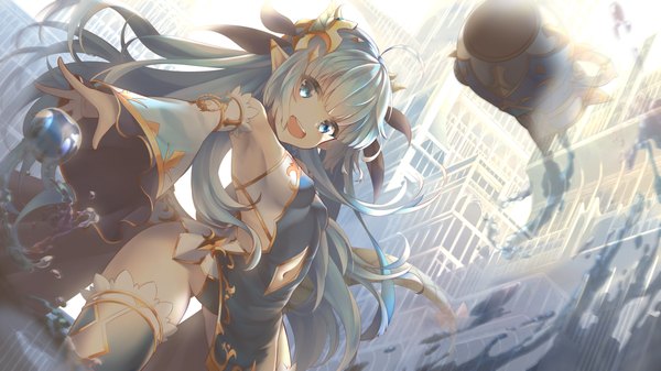Anime picture 2208x1242 with king's raid lilia (king's raid) alicia (artist) single long hair looking at viewer blush fringe highres breasts open mouth blue eyes light erotic smile wide image standing bare shoulders payot blue hair ahoge