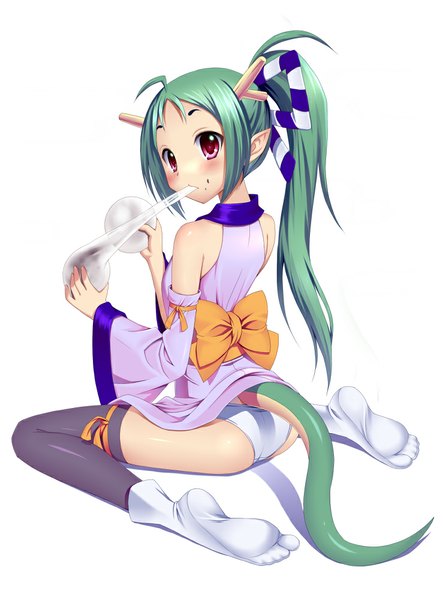 Anime picture 739x1000 with bucchake (asami) single long hair tall image blush light erotic simple background red eyes white background ponytail tail horn (horns) green hair pointy ears eating girl thighhighs underwear panties detached sleeves