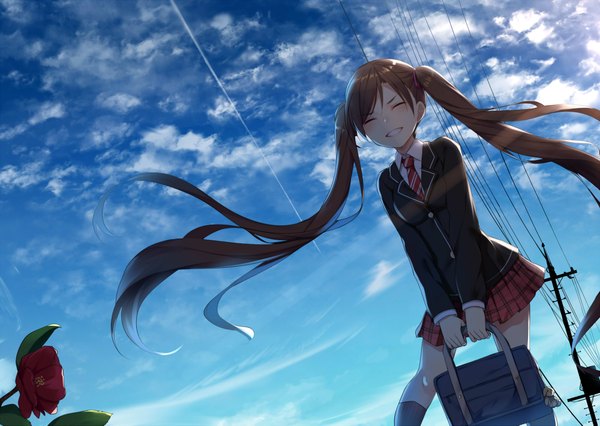 Anime picture 2000x1421 with original alexmaster single highres smile brown hair twintails sky cloud (clouds) outdoors eyes closed very long hair wind happy girl skirt uniform flower (flowers) school uniform necktie