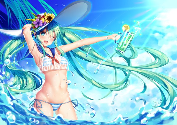 Anime picture 3900x2757 with vocaloid hatsune miku meion single looking at viewer blush fringe highres open mouth light erotic smile hair between eyes holding absurdres sky cloud (clouds) outdoors very long hair one eye closed arm up