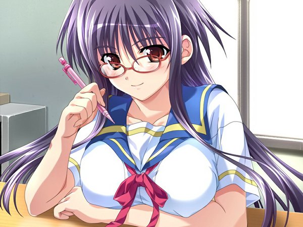 Anime picture 1024x768 with natsumegu kobayakawa madoka long hair brown eyes game cg purple hair girl glasses serafuku