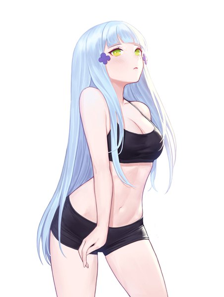 Anime picture 753x1000 with girls frontline hk416 (girls frontline) siun single long hair tall image looking at viewer blush fringe breasts light erotic simple background standing white background bare shoulders green eyes payot cleavage silver hair blunt bangs