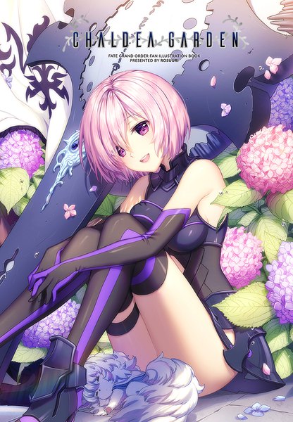Anime picture 800x1152 with fate (series) fate/grand order mash kyrielight fou (fate) rosuuri single tall image looking at viewer blush fringe short hair open mouth light erotic smile sitting bare shoulders pink hair bent knee (knees) head tilt :d