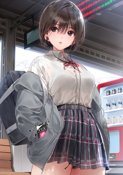 Anime picture 636x900 with original dsmile single tall image looking at viewer fringe short hair breasts open mouth light erotic hair between eyes brown hair large breasts standing outdoors pleated skirt black eyes open jacket from below plaid skirt