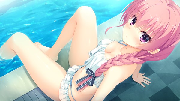 Anime picture 1920x1080 with riddle joker yuzusoft mitsukasa ayase muririn single long hair looking at viewer blush fringe highres breasts light erotic wide image sitting purple eyes pink hair cleavage bent knee (knees) braid (braids) from above