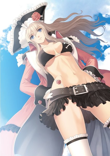 Anime picture 1288x1817 with shining (series) shining ark velvet batrass tony taka single long hair tall image looking at viewer breasts blue eyes light erotic blonde hair absurdres scan official art pirate girl thighhighs skirt navel