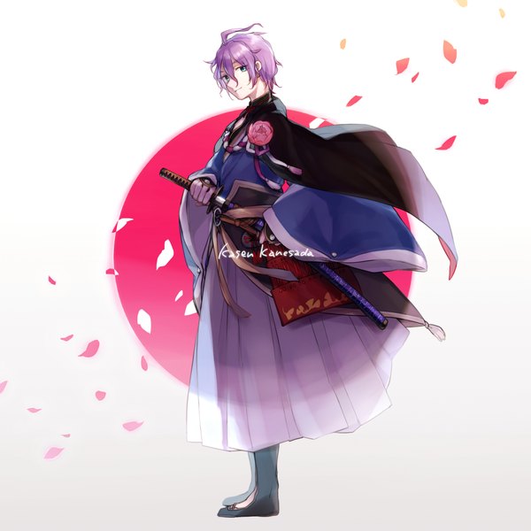 Anime picture 1991x1991 with touken ranbu nitroplus kasen kanesada myuu (hellomagic) single looking at viewer highres short hair blue eyes smile purple hair full body ahoge traditional clothes japanese clothes wind character names boy weapon petals