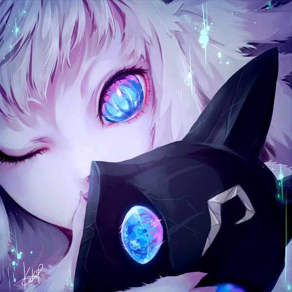 Anime picture 800x800 with league of legends kindred (league of legends) kakip (pixiv id5488229) single long hair looking at viewer fringe blue eyes blonde hair holding signed white hair one eye closed fingernails close-up face long fingernails covered mouth girl fur