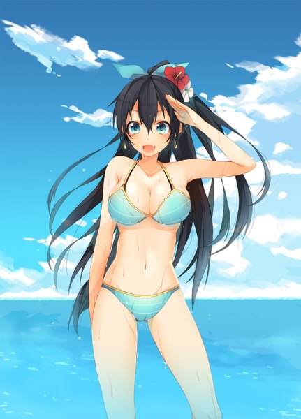 Anime picture 1323x1840 with idolmaster ganaha hibiki mochi (pixiv3502738) single long hair tall image blush open mouth blue eyes light erotic black hair sky cloud (clouds) hair flower wet salute girl navel hair ornament flower (flowers)