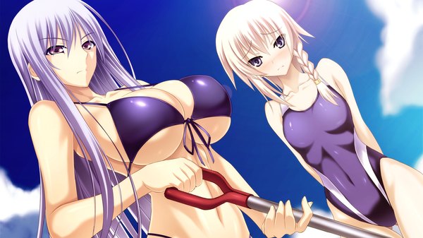 Anime picture 1280x720 with sangoku hime unicorn-a long hair short hair breasts light erotic red eyes wide image multiple girls game cg silver hair white hair braid (braids) huge breasts silver eyes girl 2 girls swimsuit bikini