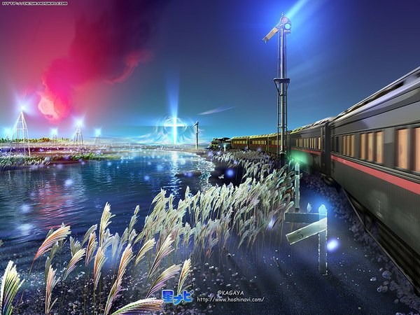 Anime picture 1024x768 with kagaya night sky landscape 3d water cross train fireflies