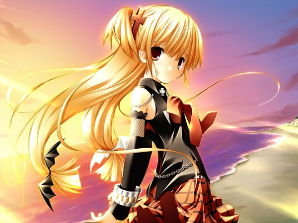 Anime picture 1024x768 with triptych (game) long hair blonde hair red eyes game cg loli gothic girl cross