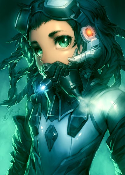 Anime picture 1143x1600 with original single tall image green eyes green hair glowing girl glasses bodysuit goggles android gas mask