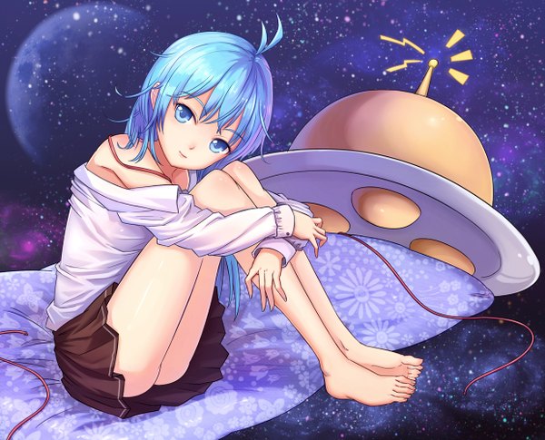 Anime picture 1238x1002 with denpa onna to seishun otoko shaft (studio) touwa erio jun (goodgun7) long hair blue eyes light erotic bare shoulders blue hair ahoge barefoot space leg hug girl skirt miniskirt shirt planet spacecraft ufo