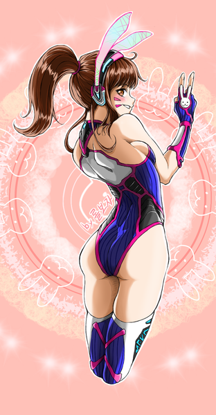 Anime picture 768x1475 with overwatch blizzard entertainment d.va (overwatch) lolboja single long hair tall image looking at viewer fringe breasts light erotic smile brown hair bare shoulders brown eyes signed animal ears ass ponytail profile