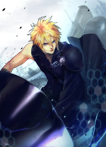 Anime picture 700x971 with final fantasy final fantasy vii square enix cloud strife ruck single tall image looking at viewer fringe short hair blue eyes blonde hair hair between eyes bare shoulders realistic grey background unzipped boy belt armor
