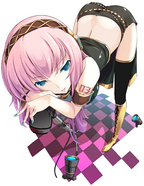 Anime picture 619x800 with vocaloid megurine luka mikoto akemi single long hair tall image fringe blue eyes light erotic bare shoulders pink hair nail polish from above tattoo leaning leaning forward arched back checkered floor floor girl