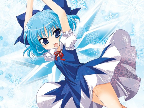 Anime picture 1024x768 with touhou cirno single short hair open mouth blue eyes blue hair girl dress bow ribbon (ribbons) hair bow wings ice jun (aquaqua)