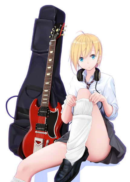 Anime picture 603x841 with original lasel single tall image looking at viewer short hair blue eyes blonde hair simple background white background girl skirt uniform school uniform shirt headphones guitar gaiters instrument case guitar case