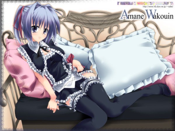 Anime picture 1600x1200 with dragonmaterial blush highres blue eyes sitting blue hair wallpaper thighhighs ribbon (ribbons) hair ribbon frills pillow garter straps couch garter (garters)