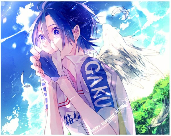 Anime picture 1129x896 with yowamushi pedal sangaku manami supaner single short hair purple eyes blue hair looking away sky cloud (clouds) sunlight border covering angel wings clothes writing happy birthday boy gloves uniform wings