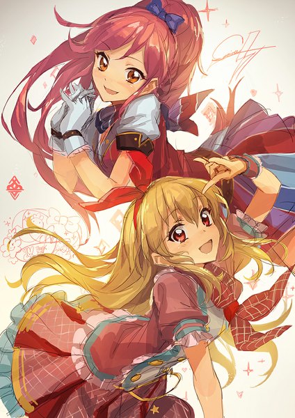 Anime picture 800x1131 with aikatsu! hoshimiya ichigo otoshiro seira lm7 (op-center) long hair tall image looking at viewer blush open mouth blonde hair red eyes multiple girls pink hair ponytail sparkle jpeg artifacts girl skirt gloves ribbon (ribbons)