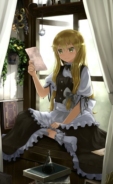 Anime picture 737x1193 with touhou kirisame marisa ochau single long hair tall image blush blonde hair sitting yellow eyes indian style no hat girl dress bow hair bow socks window book (books) white socks