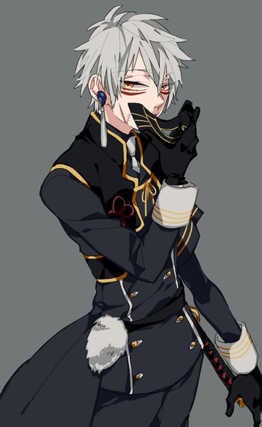 Anime picture 800x1300 with touken ranbu nitroplus nakigitsune syubare single tall image looking at viewer fringe short hair simple background hair between eyes yellow eyes grey hair grey background scar covered mouth face paint military boy gloves