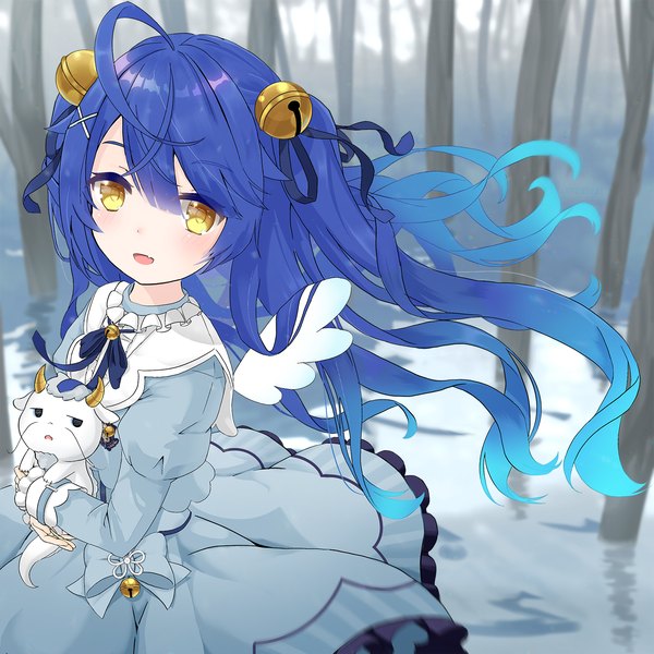Anime picture 1500x1500 with virtual youtuber nijisanji amamiya kokoro cafe (owleelcafe) single long hair fringe open mouth hair between eyes yellow eyes blue hair ahoge outdoors :d wind two side up hair bell girl dress hair ornament