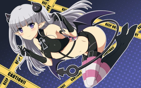 Anime picture 1920x1200 with shinmai maou no testament production ims naruse maria shira-nyoro single long hair blush highres blue eyes light erotic smile tail horn (horns) pointy ears grey hair girl thighhighs gloves wings black gloves