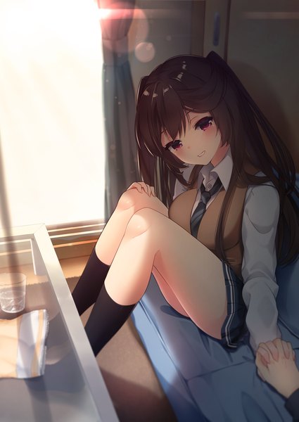 Anime picture 800x1130 with original akino (1i1i1i1i) long hair tall image blush fringe breasts black hair smile large breasts sitting payot full body bent knee (knees) indoors head tilt pleated skirt pink eyes sunlight shadow