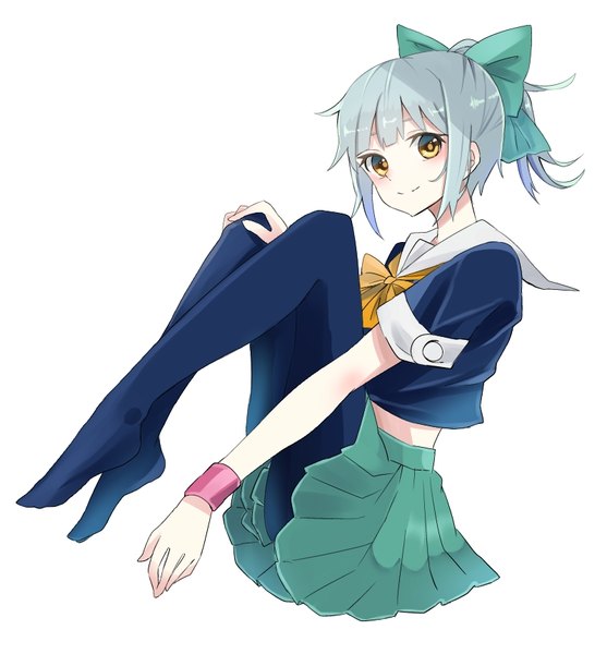 Anime picture 800x862 with kantai collection yuubari light cruiser taiki (ozone) single tall image blush fringe short hair simple background smile white background yellow eyes payot looking away silver hair ponytail pleated skirt bare belly no shoes embryo's pose