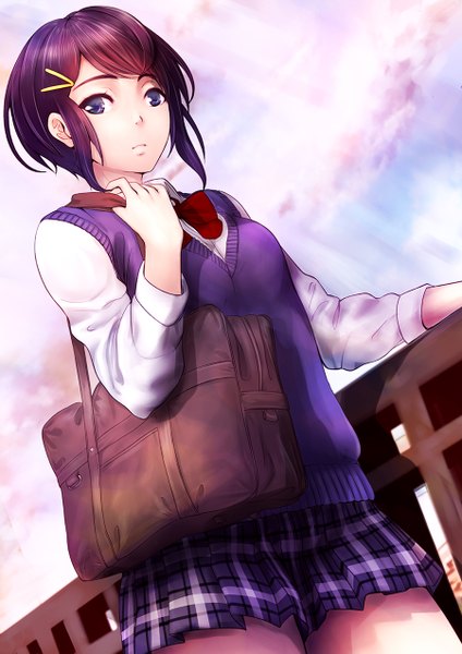 Anime picture 900x1273 with original konekoneko (indonesia) single tall image looking at viewer fringe short hair blue eyes brown hair standing payot sky cloud (clouds) outdoors plaid skirt girl skirt uniform school uniform miniskirt