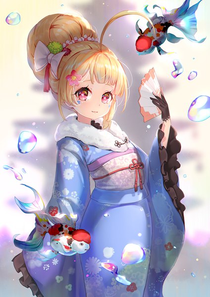 Anime picture 849x1200 with azur lane eldridge (azur lane) eldridge (new year's handholding) (azur lane) asanogawa (tutufcc) single tall image looking at viewer blush fringe short hair blonde hair standing holding ahoge blunt bangs traditional clothes japanese clothes pink eyes hair flower light smile