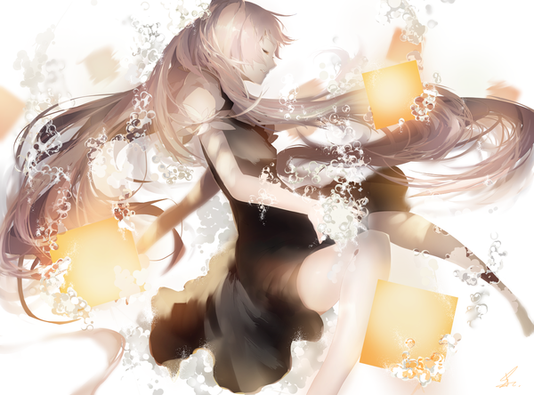 Anime picture 3169x2350 with project diva f 2nd vocaloid hatsune miku saihate (d3) single long hair fringe highres simple background white background pink hair absurdres bent knee (knees) eyes closed profile barefoot bare legs no shoes underwater glow