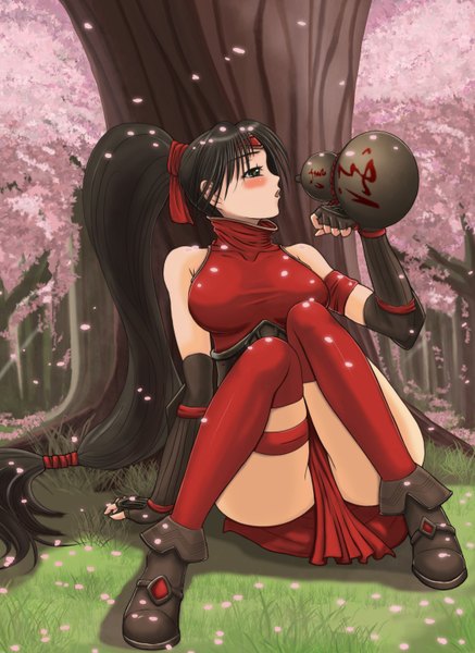 Anime picture 1110x1522 with league of legends akali (league of legends) seiryu zaiten single tall image blush breasts open mouth light erotic black hair large breasts very long hair black eyes legs girl thighhighs gloves elbow gloves shoes alcohol