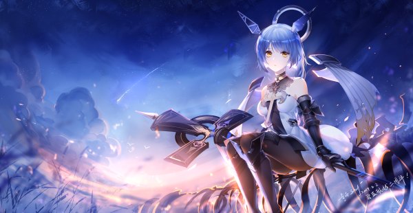 Anime picture 2400x1240 with azur lane gascogne (azur lane) yu jiu single fringe highres short hair wide image sitting bare shoulders yellow eyes blue hair sky cloud (clouds) bent knee (knees) outdoors dated evening sunset horizon