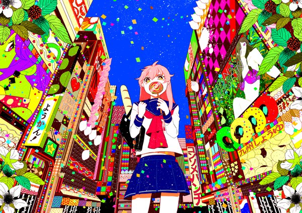 Anime picture 1500x1061 with original moe (magatan) magatan single long hair fringe hair between eyes standing yellow eyes pink hair ahoge outdoors from below girl uniform serafuku food sweets school bag berry (berries)