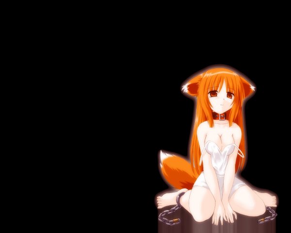 Anime picture 1280x1024 with os-tan firefox ukagaka hana light erotic animal ears red hair tail fox girl black background soft beauty girl chain collar tokino