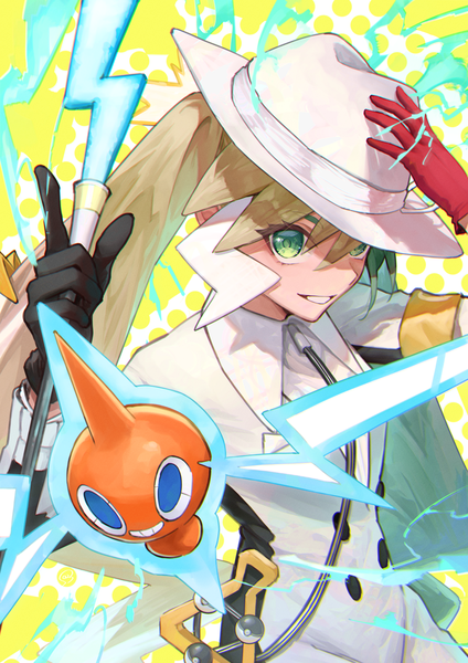 Anime picture 2894x4093 with pokemon vocaloid nintendo project voltage hatsune miku rotom electric miku (project voltage) bossan 3310 single long hair tall image fringe highres blonde hair smile hair between eyes twintails green eyes upper body from above