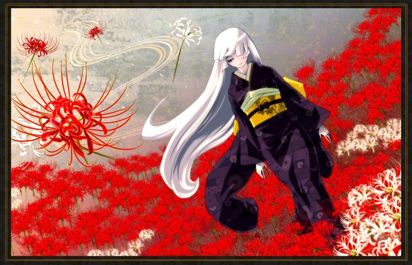 Anime picture 1599x1029 with mubouou aasaa long hair fringe silver hair white hair japanese clothes wind black eyes hair over one eye framed girl flower (flowers) kimono higanbana