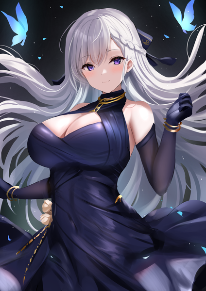 Anime picture 990x1400 with azur lane belfast (azur lane) belfast (the noble attendant) (azur lane) manda (manda9n) single long hair tall image looking at viewer blush fringe breasts light erotic simple background hair between eyes large breasts purple eyes bare shoulders cleavage silver hair braid (braids)