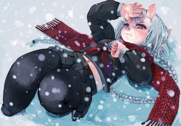Anime picture 1293x900 with original ebi (ebimomo) single long hair red eyes silver hair braid (braids) pleated skirt horn (horns) from above on back tears twin braids snowing winter snow reclining crying oni horns girl