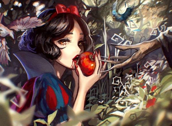Anime picture 1200x880 with snow white and the seven dwarfs disney snow white tsukun112 looking at viewer short hair open mouth black hair brown eyes nail polish fingernails sunlight lipstick long fingernails red lipstick red nail polish girl hair ornament flower (flowers) plant (plants)