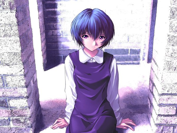Anime picture 1600x1200 with neon genesis evangelion gainax ayanami rei single short hair blue hair pink eyes girl dress wall