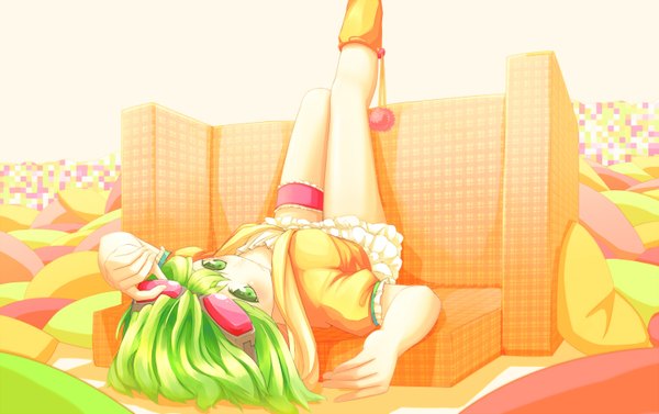 Anime picture 1500x944 with vocaloid gumi dararito single short hair green eyes green hair legs girl dress glasses pillow couch