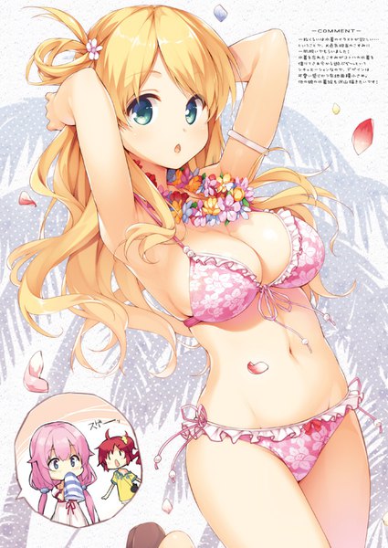 Anime picture 567x800 with koto-channel kotoha (koto channel) mihama kosumi rito (koto channel) senji (tegone spike) long hair tall image looking at viewer breasts blue eyes light erotic blonde hair large breasts multiple girls green eyes pink hair red hair arms up :o arms behind head