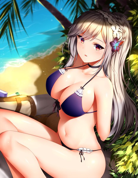 Anime picture 1398x1800 with azur lane dunkerque (azur lane) dunkerque (summer sucre) (azur lane) wsman single long hair tall image looking at viewer blush fringe breasts light erotic red eyes large breasts sitting outdoors ponytail from above grey hair beach