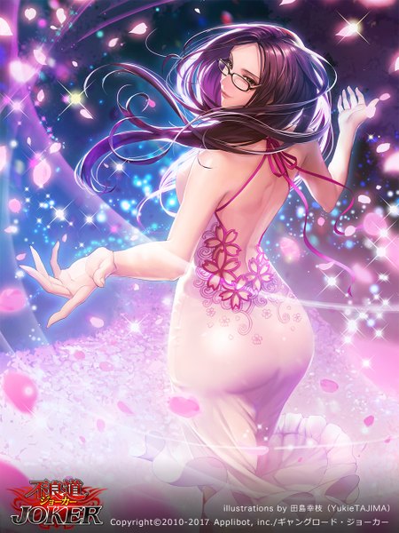 Anime picture 1000x1333 with joker ~gang road~ tajima yukie single long hair tall image breasts light erotic black hair smile large breasts standing bare shoulders brown eyes signed looking away ass looking back fingernails wind lips